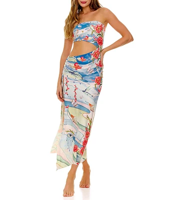 Agua Bendita Gwen Floral Placement Print Strapless Sleeveless Cutout Dress