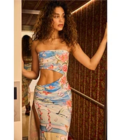 Agua Bendita Gwen Floral Placement Print Strapless Sleeveless Cutout Dress