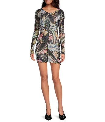 Agua Bendita Hadley Floral Mesh Boat Neck Long Sleeve Mini Dress