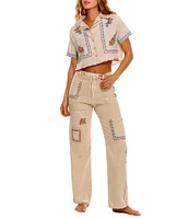 Agua Bendita Itsy Blush Floral Embroidered Notch Collar Short Sleeve Crop Shirt