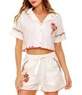 Agua Bendita Itsy Floral Embroidered Notch Collar Short Sleeve Crop Shirt