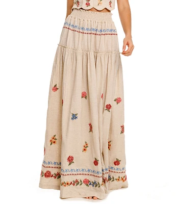 Agua Bendita Jenna Blush Floral Embroidered Smocked Waist Maxi Skirt