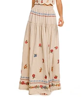 Agua Bendita Jenna Blush Floral Embroidered Smocked Waist Maxi Skirt