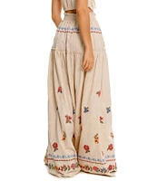 Agua Bendita Jenna Blush Floral Embroidered Smocked Waist Maxi Skirt