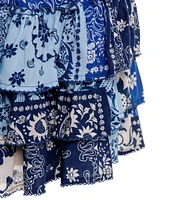 Agua Bendita Maona Scarf Print Criss-Cross Halter Neck Sleeveless Tiered Mini Dress