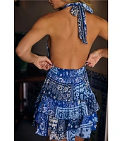 Agua Bendita Maona Scarf Print Criss-Cross Halter Neck Sleeveless Tiered Mini Dress