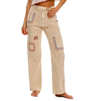 Agua Bendita Moorea Blush Floral Embroidered Straight Cargo Pants