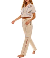 Agua Bendita Moorea Blush Floral Embroidered Straight Cargo Pants