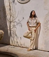 Agua Bendita Moorea Blush Floral Embroidered Straight Cargo Pants