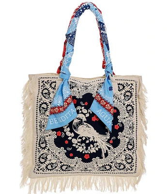 Agua Bendita Raina Woven Bird Print Scarf Strap Fringe Bag