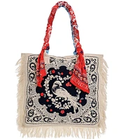 Agua Bendita Raina Woven Bird Print Scarf Strap Fringe Bag