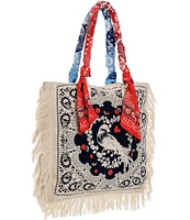 Agua Bendita Raina Woven Bird Print Scarf Strap Fringe Bag