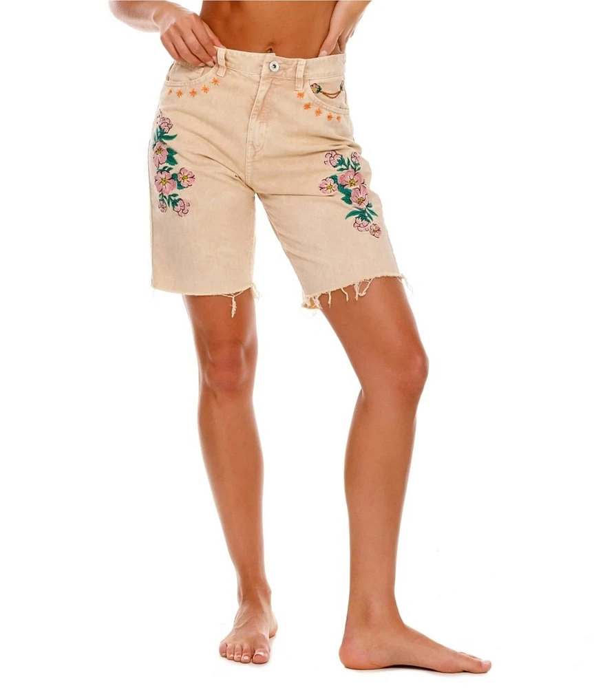 Agua Bendita Rainy Nopal Embroidered Floral Frayed Hem Shorts