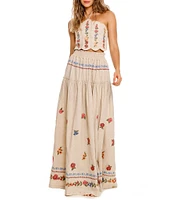 Agua Bendita Serenity Blush Floral Embroidered Halter Neck Scallop Crop Top