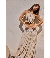 Agua Bendita Serenity Blush Floral Embroidered Halter Neck Scallop Crop Top
