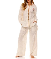 Agua Bendita Swan Floral Embroidered Collar Neck Long Sleeve Tie Front Shirt