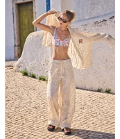Agua Bendita Swan Floral Embroidered Collar Neck Long Sleeve Tie Front Shirt