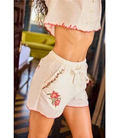 Agua Bendita Watts Floral Embroidered Elastic Tie Waist Shorts