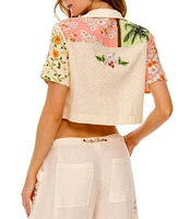 Agua Bendita Woven Tropical Floral Print Embroidered Notch Collar Cooridinating Short Sleeve Crop Shirt
