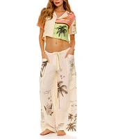 Agua Bendita Woven Tropical Floral Print Embroidered Notch Collar Cooridinating Short Sleeve Crop Shirt
