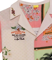 Agua Bendita Woven Tropical Floral Print Embroidered Notch Collar Cooridinating Short Sleeve Crop Shirt
