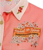 Agua Bendita Woven Tropical Floral Print Embroidered Notch Collar Cooridinating Short Sleeve Crop Shirt
