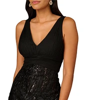 Aidan Mattox 3D Embroidered Mesh V-Neck Sleeveless Dress