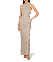 Aidan Mattox Beaded Mesh Halter Neck Sleeveless Column Dress