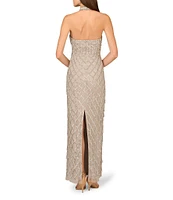 Aidan Mattox Beaded Mesh Halter Neck Sleeveless Column Dress