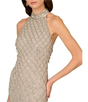 Aidan Mattox Beaded Mesh Halter Neck Sleeveless Column Dress