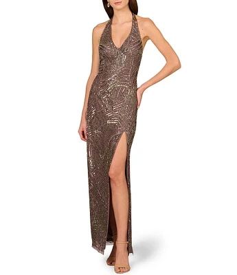 Aidan Mattox Beaded Mesh Halter Neck Sleeveless Front Slit Column Dress