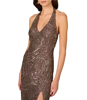 Aidan Mattox Beaded Mesh Halter Neck Sleeveless Front Slit Column Dress