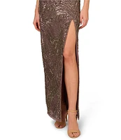 Aidan Mattox Beaded Mesh Halter Neck Sleeveless Front Slit Column Dress