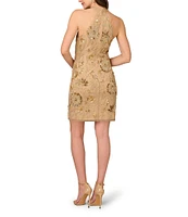 Aidan Mattox Beaded Mesh High Neck Racerback Sheath Dress