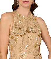 Aidan Mattox Beaded Mesh High Neck Racerback Sheath Dress