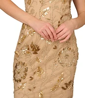 Aidan Mattox Beaded Mesh High Neck Racerback Sheath Dress