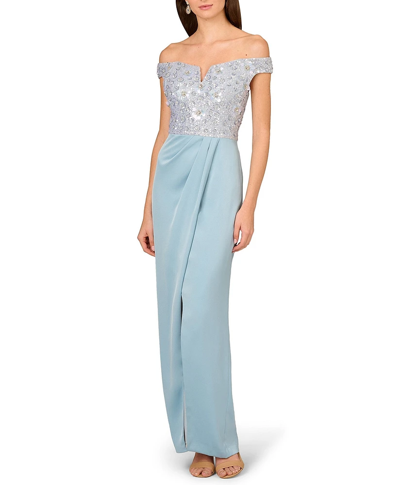 Aidan Mattox Beaded Mesh Off-The-Shoulder Cap Sleeve Satin Column Dress