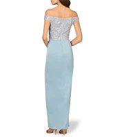 Aidan Mattox Beaded Mesh Off-The-Shoulder Cap Sleeve Satin Column Dress