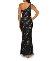 Aidan Mattox Beaded Mesh One Shoulder Sleeveless Mermaid Gown