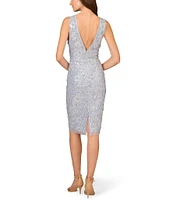 Aidan Mattox Beaded Mesh Plunge V-Neck Sleeveless Cocktail Sheath Dress