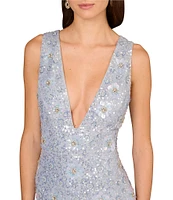 Aidan Mattox Beaded Mesh Plunge V-Neck Sleeveless Cocktail Sheath Dress