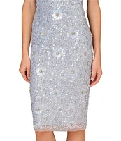 Aidan Mattox Beaded Mesh Plunge V-Neck Sleeveless Cocktail Sheath Dress