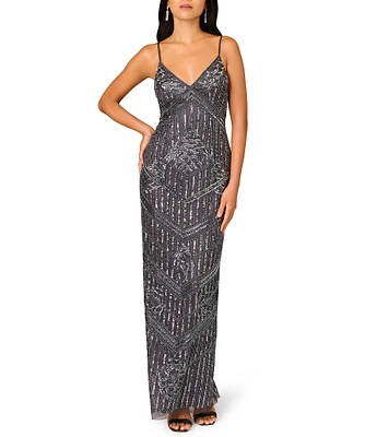 Aidan Mattox Beaded Mesh V-Neck Sleeveless Spaghetti Straps Back Slit Column Dress