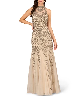 Aidan Mattox Beaded Halter Neck Open Back Sleeveless Gown