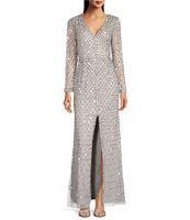 Aidan Mattox Sequined V-Neck Long Illusion Sleeve Front Slit Gown