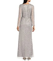 Aidan Mattox Sequined V-Neck Long Illusion Sleeve Front Slit Gown