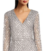 Aidan Mattox Sequined V-Neck Long Illusion Sleeve Front Slit Gown