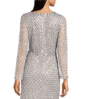 Aidan Mattox Sequined V-Neck Long Illusion Sleeve Front Slit Gown
