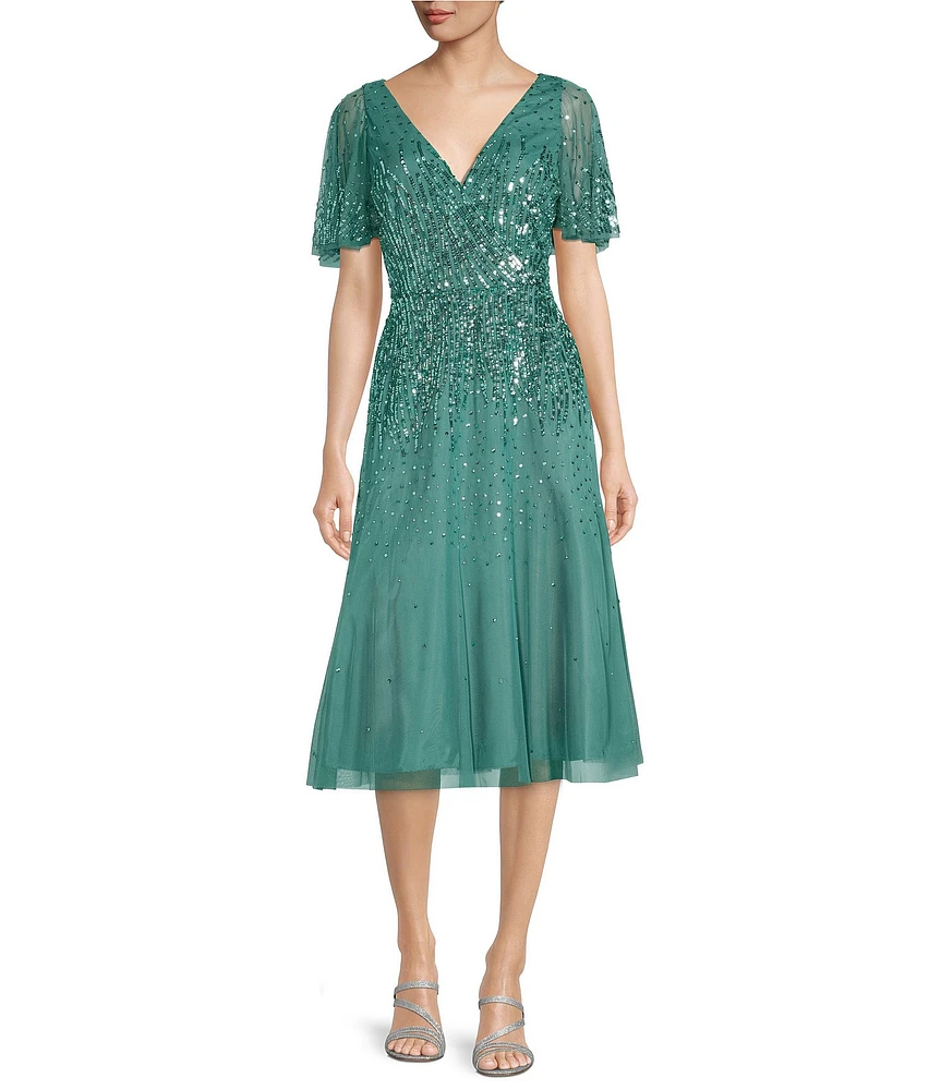 Aidan Mattox Beaded V-Neck Short Sleeve A-Line Midi Dress