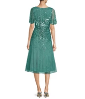 Aidan Mattox Beaded V-Neck Short Sleeve A-Line Midi Dress